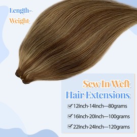 Ombre Brown Hair Weft Extension Real Human Hair 24Inch Long 120Gram Hand Tied Sew In Extensions Light Brown Highlight Honey Blonde #6T6P18 for Women Sew In Extensions Invisible Hair Extension