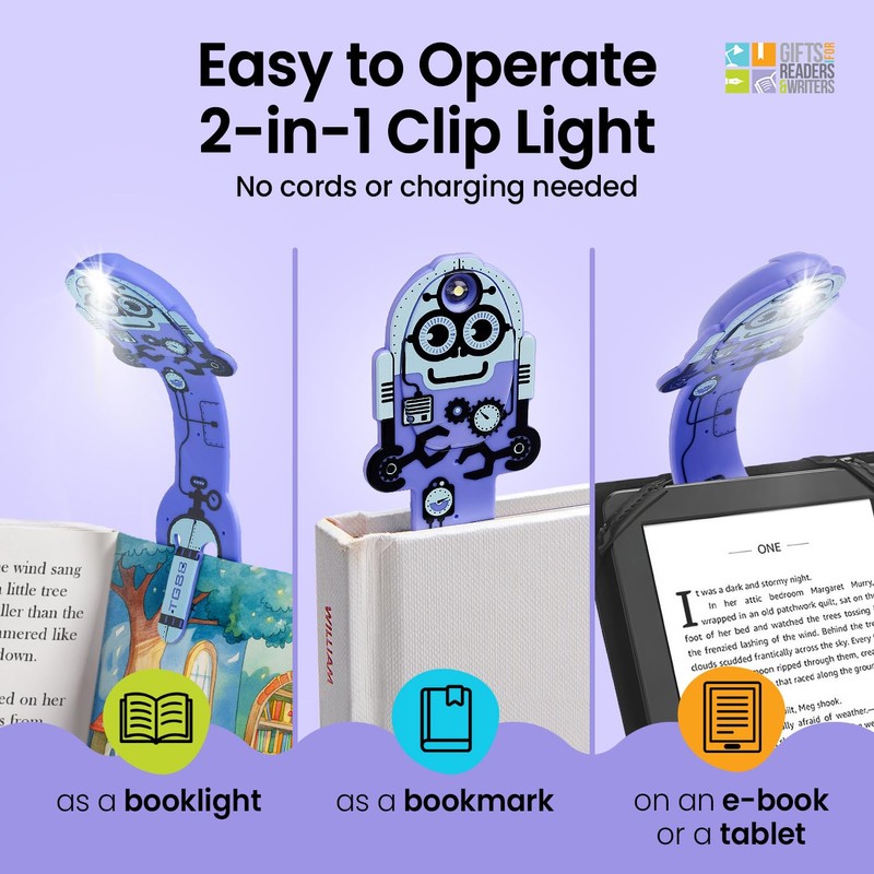 Gifts for Readers & Writers Bookmark Reading Light Robot Purple