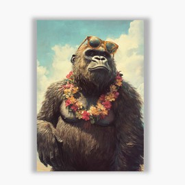 Spiffing Prints Beachside Beasts – Gorilla with Sunglasses – Funny Tropical Ape with Flower Lei Wall Art - Small - Unframed