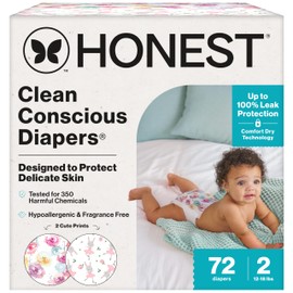 The Honest Company Comfort Dry Disposable Diapers for Sensitive Skin, Hypoallergenic, Rose Blossom + Tutu Cute, Club Box Size 2 (12–18 lbs), 72 Count
