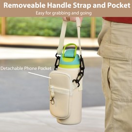 Icesip Water Bottle Holder Bag with Detachable Phone Pocket for Owala FreeSip 32oz with Strap Pocket for Owala Accessories 32oz Water Bottle Sleeve for Walking Camping Gym Off White