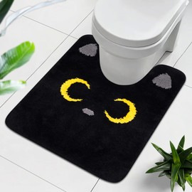 Yamepuia Toilet Rug with Cutout, Black Cat Bath Mat, Non-Slip, Washable, Soft and Absorbent Bath Mat, Toilet Rug for Freestanding Toilets, Black, 62 x 52 cm