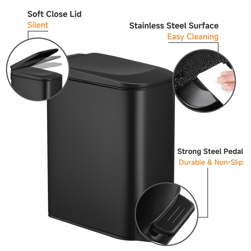 TIPGO Slim Bathroom Trash Can with Lid Soft Close, Step
