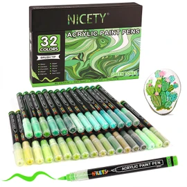 NICETY 32 Colors Acrylic Paint Markers, Paint Pens Brush Tip Water-Based Acrylic Markers for Rock Painting Stone Wood Ceramic (Green)