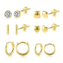 Gold Earrings Stud Earrings Set Women's Small Hoop Earrings Set 6 Pairs Hypoallergenic Small Heart Stud Earrings Small Zirconia Stud Earrings Shiny Hoop Earrings Stud Earrings for Multiple Piercings,