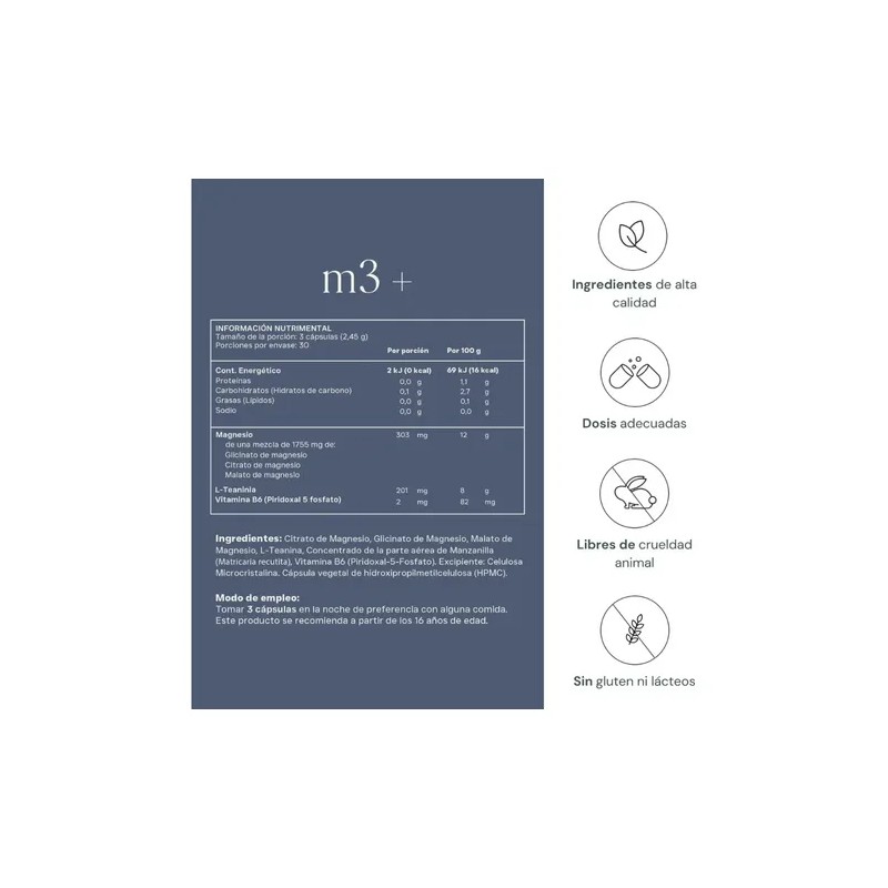 M3+ | Magnesio Glicinato, Citrato Y Malato Lteanina, 90 Cap
