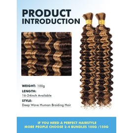Human Braiding Hair for Boho Braids Ombre Highlight Curly Boho Hair for Braiding Knotless 12A Deep Wave Bulk Bohemian 2 Bundles/Pack Color P4/27 100g 16 Inch