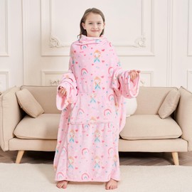 Softan Princess Kids Snuggies Wearable Fleece Blanket with Sleeves & Foot Pocket for Kids Boys Girls Children,Lightweight Soft Blanket with Sleeves and Hook & Loop 48" x 48"
