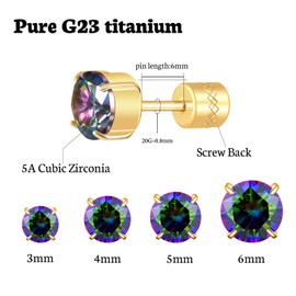 Hopply Hypoallergenic G23 Pure Titanium Earrings for Women Men,20G Implant Grade Flatback 5A Cubic Zirconia Earrings Studs for Sensitive Ears Jewelry Gift (Gold+Rainbow CZ, 4mm)