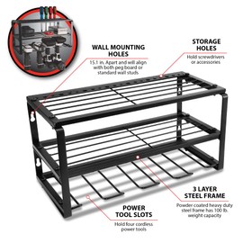 Performance Tool W7701 Power Tool Organizer Wall Mount - Hand Tool Storage Racks, Utility Racks, Drill Holder & More - 3 Tier Sturdy Iron 16" Cordless Tool Organizers