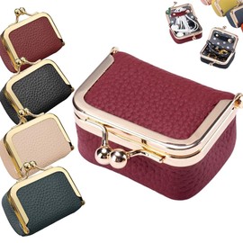 Genuine Leather Mini Jewelry Box, Portable Small Travel Jewelry Leather Box with Kiss Lock,Mini Jewelry Bag Ring Box, Solid Color Travel Jewelry Case Storage Box for Girls, Women (Red)