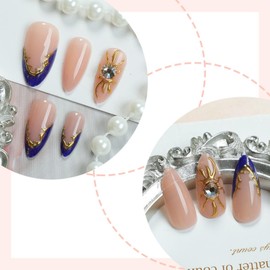 SEENEEY Medium Press on Nails Almond Fake Nails Blue Artificial Nail with Gold Charm Designs Cute French Stick on Nail for Women 24pcs