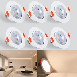 Kambo LED Recessed Spotlight 230 V 40° Swivelling Set of 6 Round Spotlights, 6 W Replaces 60 W 610 LM Warm White 3000 K Spot LED Ceiling Light White Bathroom Recessed Spotlight
