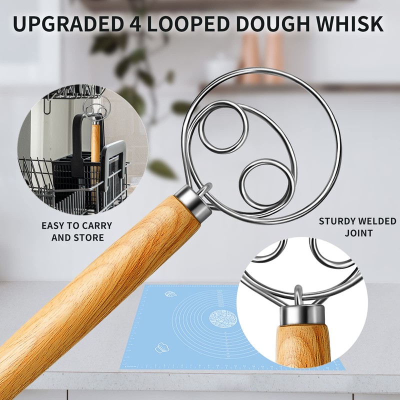 TEEVEA Danish Dough Whisk Stainless Steel Dough Hook Dutch Whisk