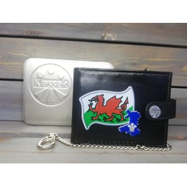Klassek Wales Flag Welsh Map and Coat of Arms COA Mens Wallet with Chain Real Leather RFID Blocking with Coin Pocket and Metal Gift Box