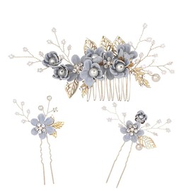 AVILMORE Flower Hair Comb Hairpin 3-piece Set, Hair Ornaments, Recitals, Hair Accessories, Weddings, School Entrance Ceremonies, Graduation Ceremonies, Kimono Hair Ornaments, Western Hair Ornaments (Blue)