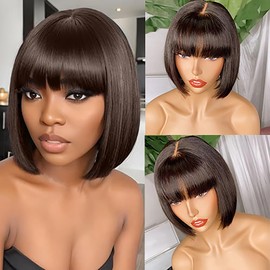 MYMYDA Short Bob Wig with Bangs for Black Women Dark Brown Human Hair Glueless Straight Layered 2x1 Transparent HD Lace Wigs 10 Inch