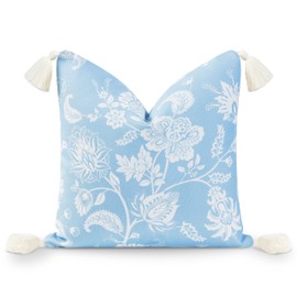 Hofdeco Premium Coastal Hampton Style Patio Indoor Outdoor Throw Pillow Cover Only, 18"x18" Water Resistant for Backyard, Couch, Baby Blue Floral Tassel