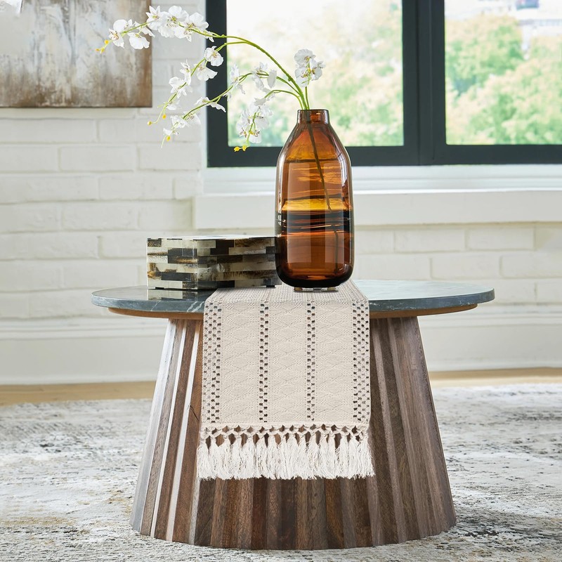 yuboo Boho Table Runner Short, Fall Beige Macrame Coffee Table