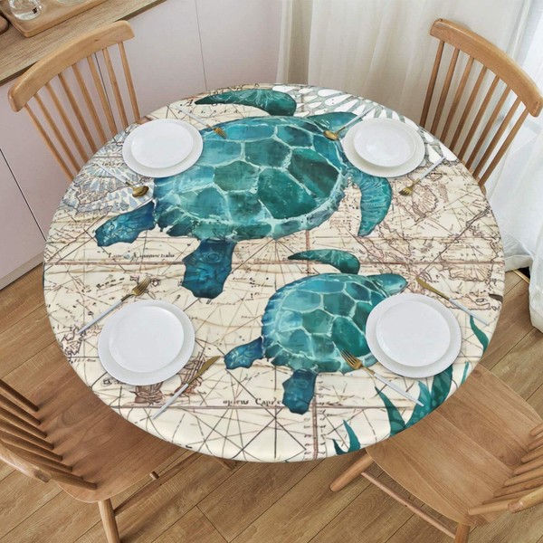 Fiokroo Sea Turtle Tablecloth with Elastic Edge, Round Table Cloth