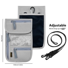 Travel Neck Wallet, RFID Blocking Passport Holder with Adjustable Neck Strap for Men and Women to Keep Cash, Credit Cards and Travel Documents Safe - Grey