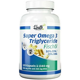 Health+ Super Omega 3 Triglyceride Fish Oil 120 Capsules, 750 mg Omega-3 Fatty Acids per Capsule, 500 mg EPA & 250 mg DHA, Fish Oil Capsules, Made in Germany