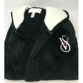 VICTORIA'S SECRET MONOGRAMMED COZY HOODED PLUSH SHORT ROBE BLACK S SMALL