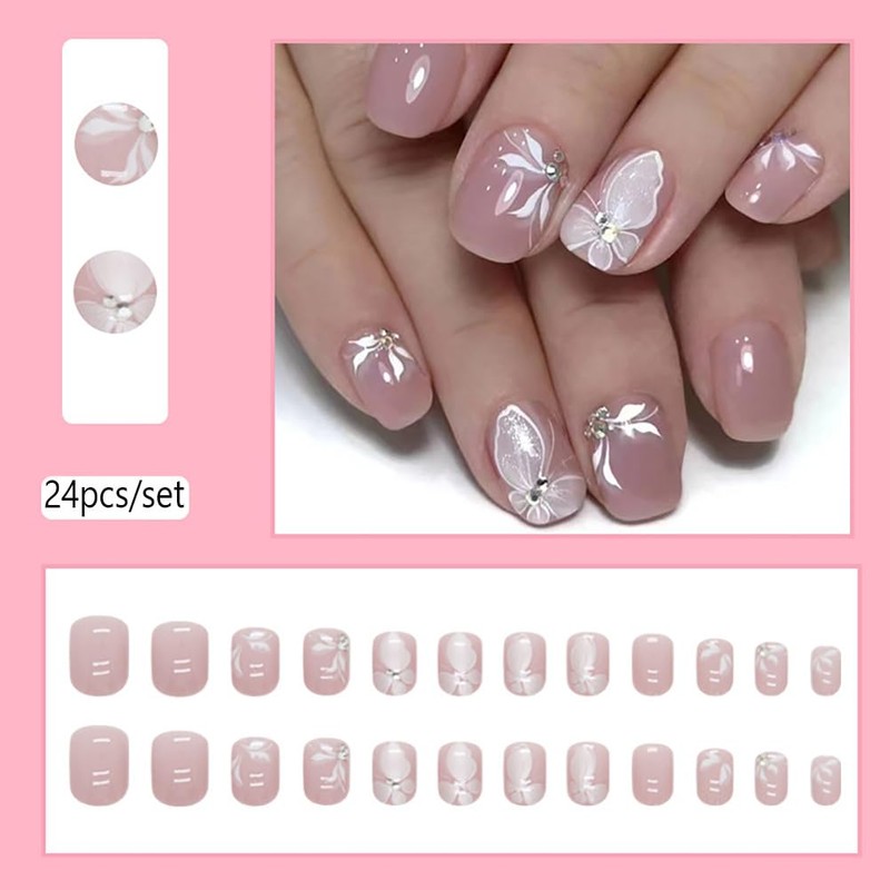 Clataly 24 Pcs Cute Butterfly Fake Nails White Flower False