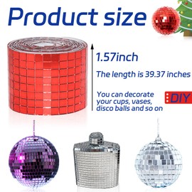 Red Self-Adhesive Glass Mirror Mosaic Tiles, 5 x 5 mm Square Mirror Tiles, 3200 Pieces Disco Ball Tiles for DIY Craft, 2 Rolls Disco Mirror Tiles for Interior, Art Collage, Card Making, Cups