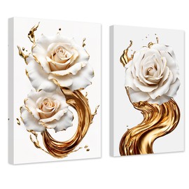ZXHYWYM Abstract White & Gold Rose Wall Decor 2 Panels Elegant Blooming Rose Flowers Canvas Art Prints Paintings Modern Artwork Home Decor(White, (11.00" x 14.00" x 2PCS))