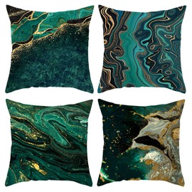 HOSTECCO Green Marble Cushion Covers 45x45 cm pack of 4 Green Gold Abstract Pillow Covers Modern Decorative Pillow Cases for Sofa Couch Bed