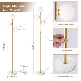 Vallerico 3-Globe Mid Century Modern Floor Lamp for Living Room, Adjustable Height Standing Lamp with Marble Base, Gold Brass Tall Lamp with Frosted Glass Shades, Pole Lamp for Bedroom, Bulbs Included