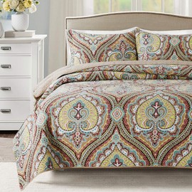 HoneiLife King Size Quilt Set - 3 Piece Cotton Bedspreads Retro Coverlet Lightweight Bedcover Warm Bedding Set All Season Quilts,Brown Damask