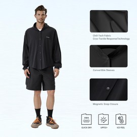 VVCsunshine Men's Hooded Sunscreen Shirt, Loose Style, UPF 50+ UV Protection, Lightweight Breathable Outdoor Cover - Up (US, Alpha, Large, Regular, Regular, Black)