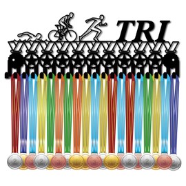 CREATCABIN Triathlon Medal Hanger Display Medal Holder Rack Sports Hanging Athlete Awards Iron Wall Mount Decor with 20 Hooks for Swimming Bike Running Competition Badge Medalist Black 15.7x5.9Inch