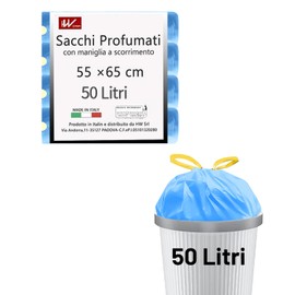 HW CASA 60 Stück umweltfreundliche Müllbeutel 50 l aus recyceltem LDPE, duftende Müllbeutel mit Schiebegriff, ausgestattet mit Tropfschutz, perfekt für Haus und Büro, blau