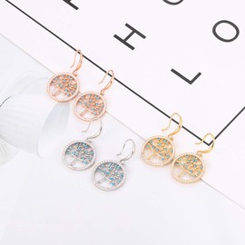Tree of Life Dangle Hook Earrings Full Cubic Zirconia Unique Blue Leaves Exquisite Jewelry for Women's Gifts