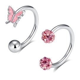 TRBR 16G 2PCs Cute Pink Butterfly Lip Rings, Snake Bite Jewelry for Snake Bites Piecing, Horseshoe Labret Jewelry for Lip Piercing, 16G-8mm, Stainless Steel, cubic zirconia