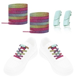 LT Easiyl 1 Pair No Tie Shoe Laces Elastic Tieless Shoelace Rainbow Colored Shoelaces & Green Magnetic Buckle fits Sneakers Canvas Casual Shoes Boots