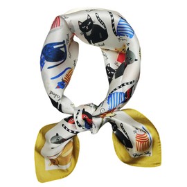 Sichdew 100% Mulberry Silk Square Scarf for Women Cartoon Cat Design Small Silk Scarfs,Lightweight Neckerchief 21“*21'' (beige yellow)