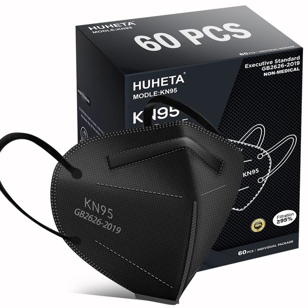 HUHETA KN95 Face Mask 60 PCs, 5-Ply Safety Masks for Men & Women, Filter Efficiency>=95% (Black Mask)