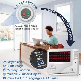 SYNLETT Nurse Call System Caregiver Pager Call System with 10 Dual Function Call Buttons and 1 Central Monitoring Unit for Clinic Restaurant Assisted Living Nursing Home Patients Residents