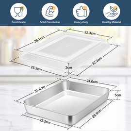 Joyfair Baking Tray for Oven, Stainless Steel Rectangle Baking Tin with Plastic lid, Large Baking Sheet for Brownie Lasagna Flapjack, Brushed Finished & Easy Clean, 31.6x24. 6x5cm