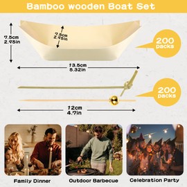 400 Pcs Disposable Bamboo Wooden Sushi Boat Plate Bamboo Cocktail Pick Set Include 200 Pcs 5" Bamboo Appetizer Plates Dishes Appetizer Serving Tray and 200 Bamboo Knot Skewers Gold Pearl Food Sticks