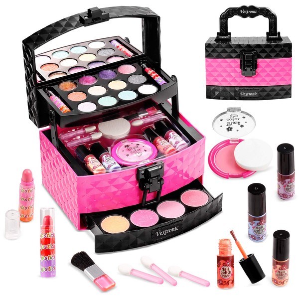 Vextronic Girl Makeup Toy Set 30 Pcs Washable Kids Makeup Kit for Girls, Pretend Play Makeup Kit for Kids, Non-Toxic, Real Cosmetic Toy Beauty Set for Kids Birthday