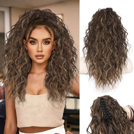 Stamped Glorious Ponytail Extension 18" Curly Wavy Pony Tail Claw Multi Layered Clip on Ponytail Extension Fluffy Natural Looking Synthetic Hair Piece for Women(Chocolate Brown with Caramel Blonde)