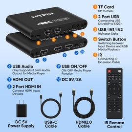 MYPIN 4K Media Player with 2 in 1 Output HDMI Switching Function, 2 Port HDMI Switch, Automatic Switching with Remote Control Supports Picture/Music/Video Looping/Automatic Playback