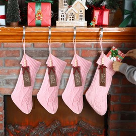 Zubebe 4 Sets 18 in Knitted Christmas Stockings Kit, Metal Stocking Holder and Name Tags Large Knit Xmas Stocking with Marker Pen for Family Holiday Xmas Party Fireplace Mantel Decor (Pink)