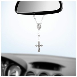 MaMeMi AUTOROSENKRANZ, silbern, mit Verschluss, mit Christoperus und Kruzifix [10er Rosenkranz FÜR DEN RÜCKSPIEGEL/Innenspiegel, ca 17 cm]