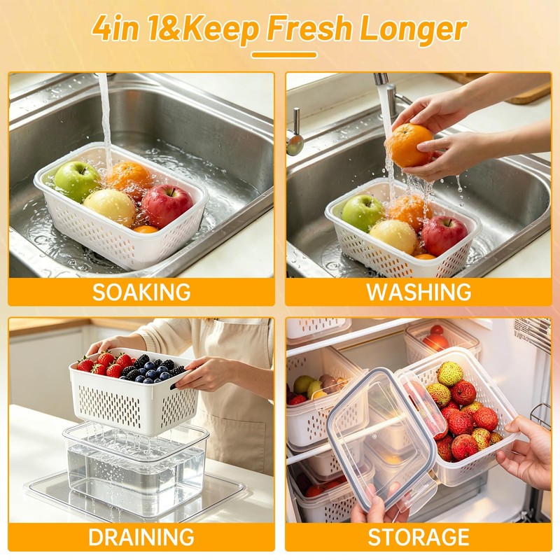 IKKAB 3 Pack Fruit Storage Containers for Fridge with Removable